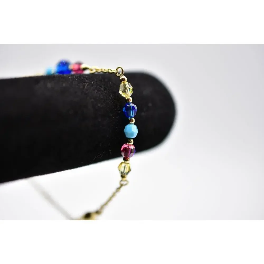 Swarovski Crystal Beaded Bracelet AB Blue Pink Gold Tone Chain Swan Signed Bin7